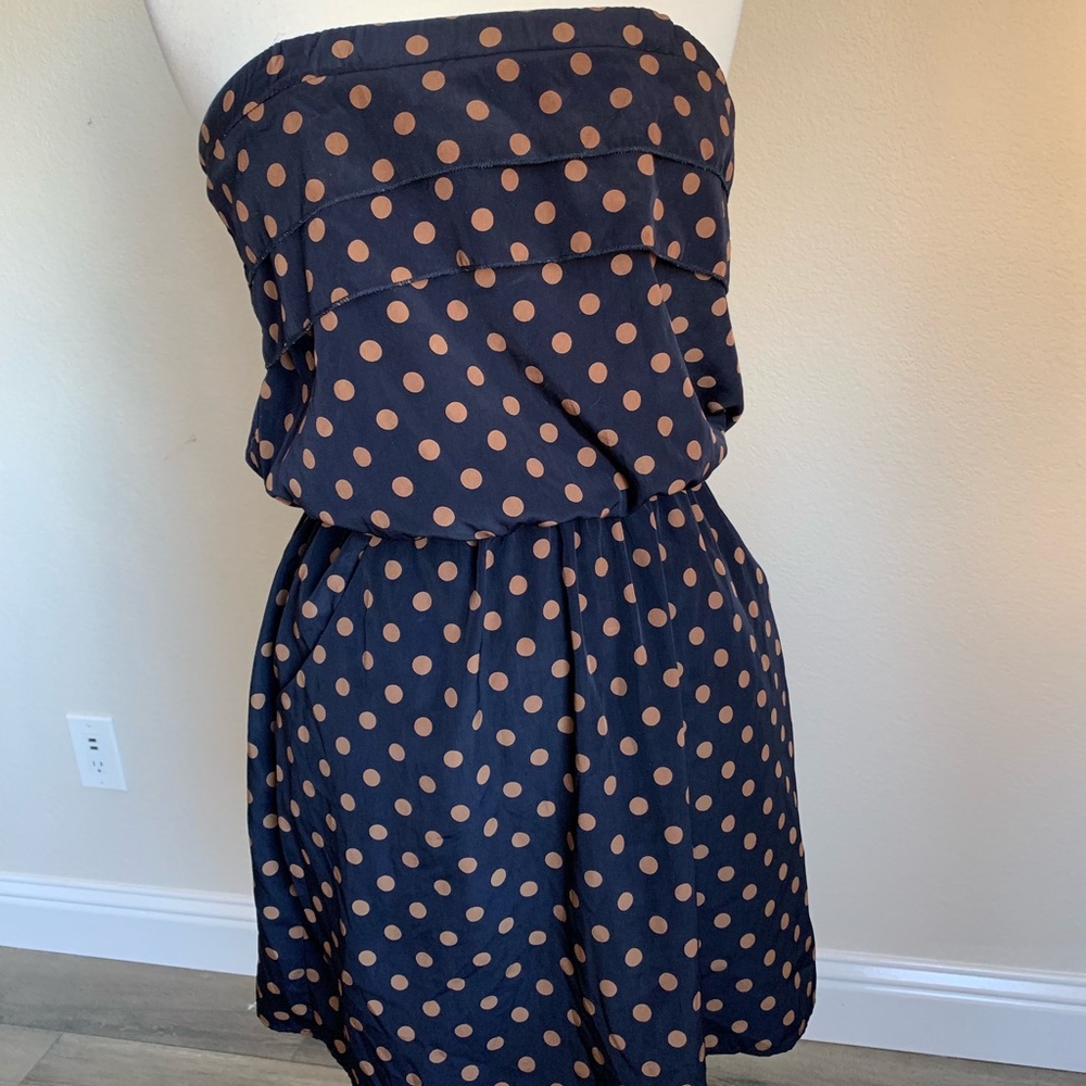 Tube Top Navy Dress w/ Camel color Polka Dots